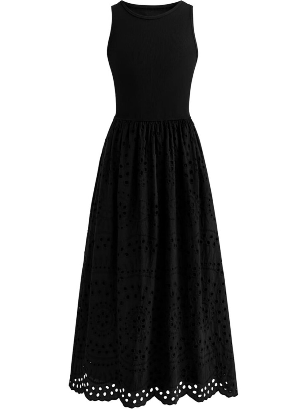 Women's Black Sleeveless Crew Neck Lace Imported A-line Cotton Maxi Dress